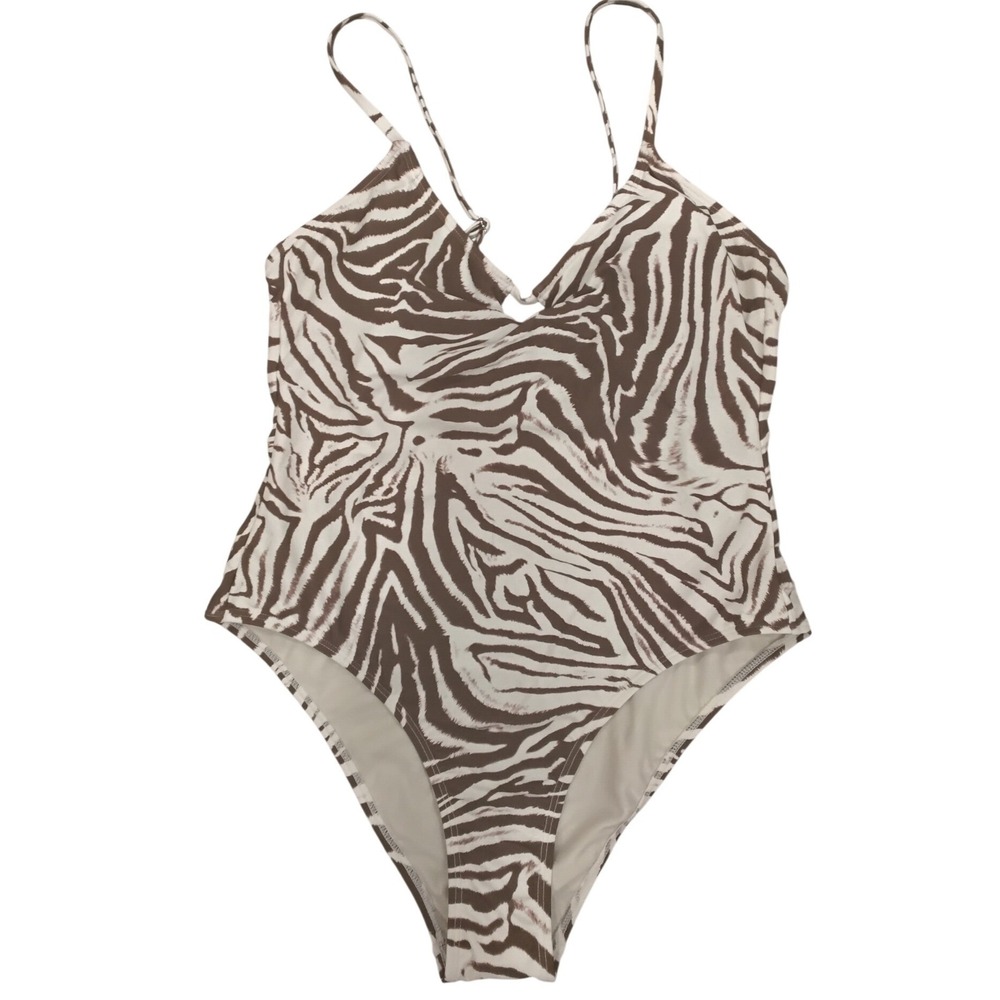 No Boundaries Zebra Print One Piece Swimsuit Brown White High Leg Cheeky New-L